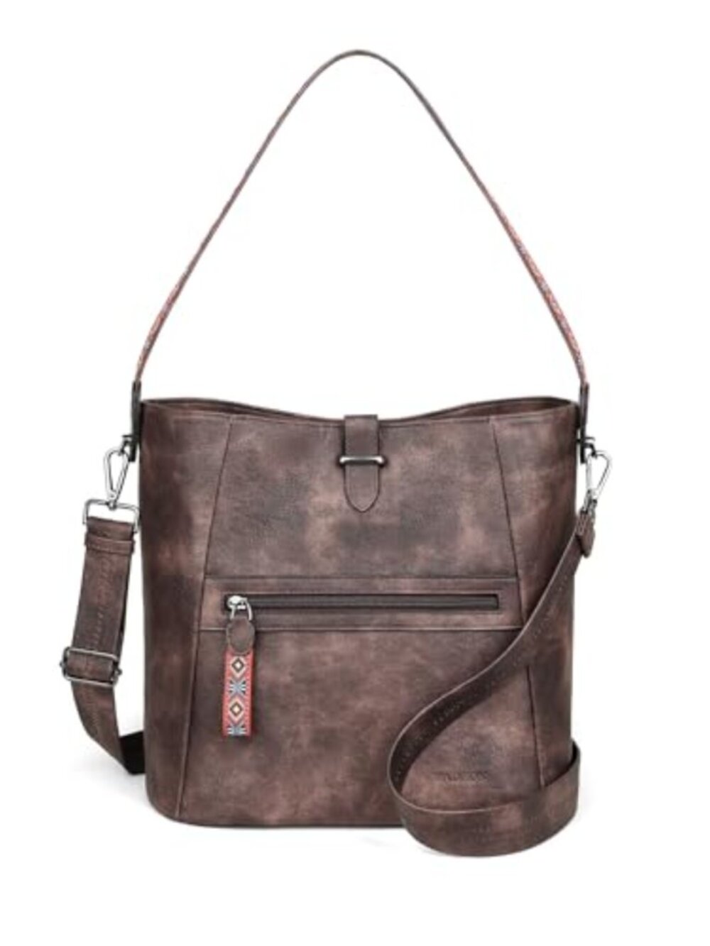 Faux Leather Bucket Bag Wide Shoulder Strap Crossbody Hobo